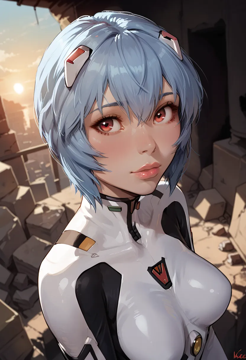 score_9, score_8_up, score_7_up, Western Comics, Portrait, (Ayanami Rei), cute, seductive, innocent, light smile:0.3, plump lips, slender body, red eyes, short light blue hair, floating hair, white plugsuit, sunset, rubble in the background, depth of field...