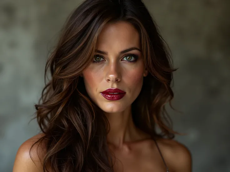 body portrait, elegant brown hair, extremely shiny deep red lip gloss, eyeliner flicks, latex, smile