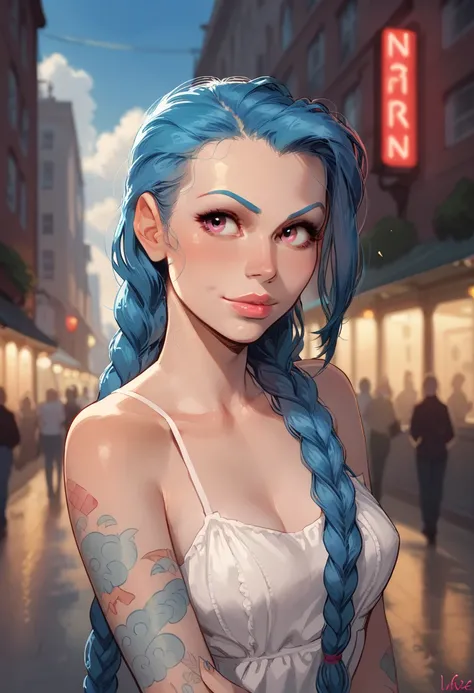 score_9, score_8_up, score_7_up, Western Comics, Portrait, Jinx, cute, seductive, innocent, light smile:0.3, plump lips, slender body, cloud tattoos on arm, outdoor, intense blue long hair, bokeh, neon light passing through hair, award winning fashion phot...