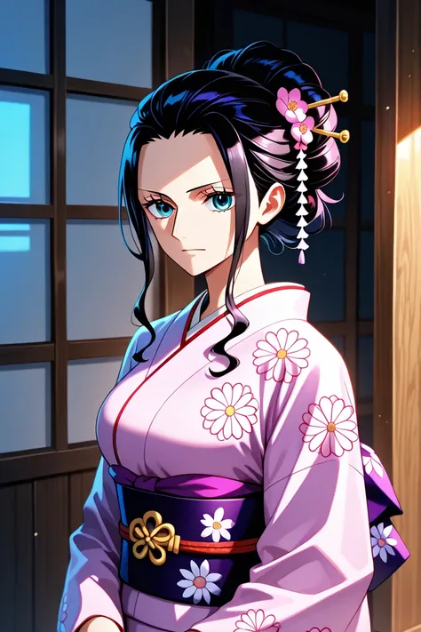 masterpiece, best quality, highly detailed, high-resolution, anime-style, Nico Robin, One Piece, post time-skip, fair skin, long wavy black hair tied in a traditional Japanese updo, striking blue eyes, calm and confident expression, wearing a beautiful pin...