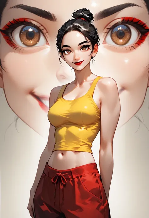 1girl, perfect face, perfect body, forehead, bun hair, black hair, black eyebrows, natural eyebrows, big eyes, brown eyes, black eyeliners, nose, red thick lipstick, smile, beautiful girl, medium breasts, tank top, yellow tank top, navel, pants, standing