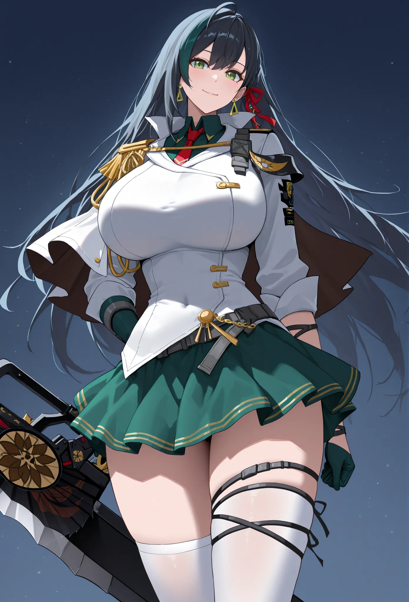 最high quality, high quality,  masterpiece,  latest, anime, 1 girl, Alone, linToF ,  dark green hair,  long hair, GREEN HAIR HIGHLIGHTS, green eye, earrings,  Red Necktie , GREEN UNDERSHIRT, WHITE MILITARY UNIFORM JACKET, capelets, gold epaulets, ASYMETRIC ...