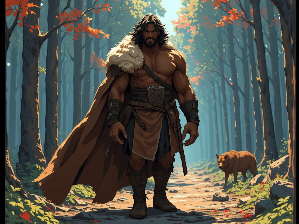 Create an anime image of a serious half-giant man with dark skin, very tall, very strong, very muscular, broad shoulders, a clean face, long wavy black hair, a square jaw, and red eyes. He is happy, wearing a large fur loincloth and a wolf fur cape on his ...