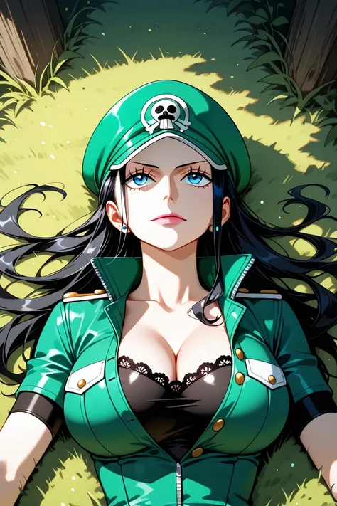 masterpiece, best quality, amazing quality, very aesthetic, absurdres, highly detailed, high-resolution, anime-style, Nico Robin, One Piece, post time-skip, long wavy black hair, piercing blue eyes with intricate detailing, white skin, glossy texture, soft...