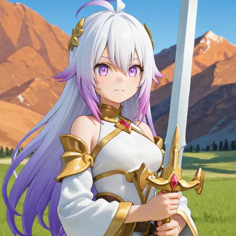 The background features a grassland with a mountain range in the distance. A girl on a white horse raises her sword high into the sky. She has long bronze-colored hair. Please create a 3D-style anime illustration based on this image.

