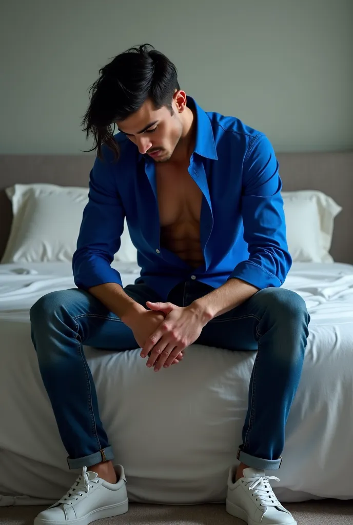 man, Realistic, black hair,  defined muscles , royal blue shirt,  blue jeans,  white sneakers, sexy, sensual mouth, Sitting on the edge of the bed with their heads down.