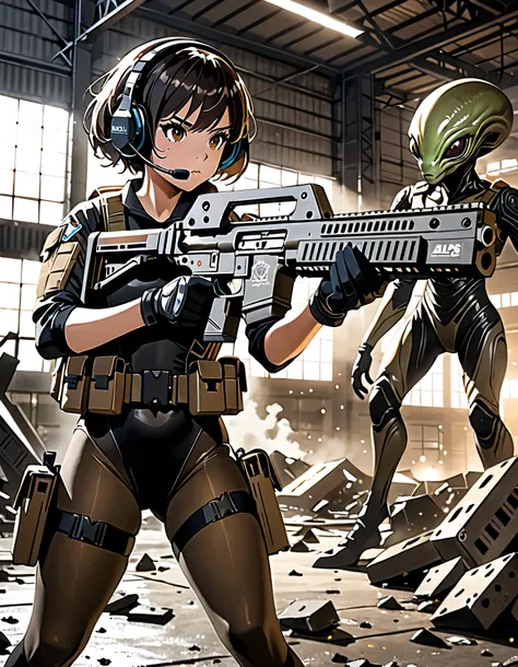 1girl, solo, short hair, black hair, brown eyes, skintight, astronaut, black leotard, flat dark earth tights, tactical gear, gloves, headset, sweat, serious expression, holding gun, m41apls, aiming, trigger discipline, dutch angle, indoors, warehouse, dark...