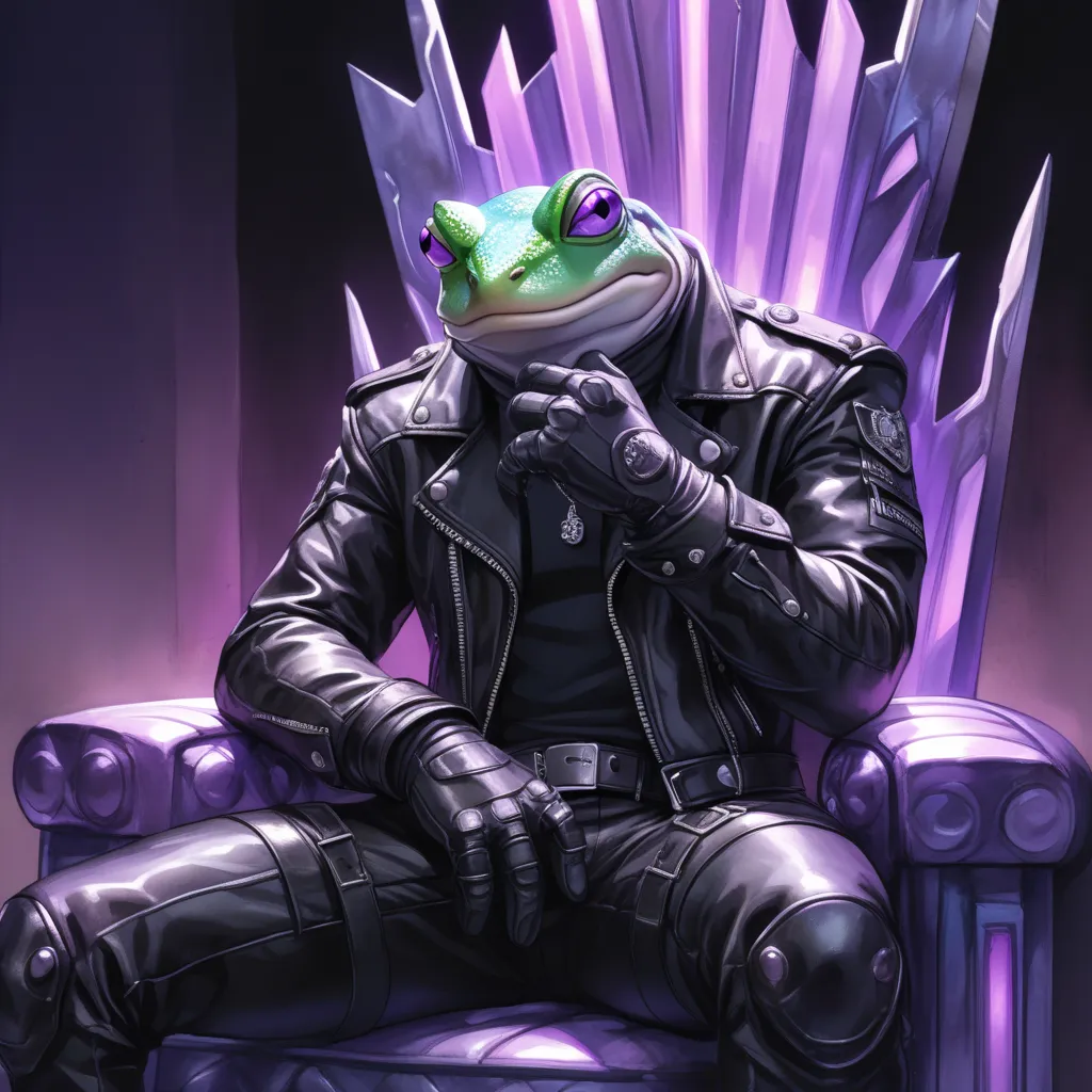 Closeup, Watercolor, comic book art style, an extremely badass anthropomorphic light blue and white bullfrog wearing an insanely cool black leather biker jacket open, black shirt, black leather biker gloves, black leather biker pants, giving it a cool, edg...