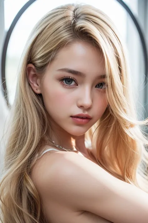 I want to create an 18-year-old.
Long blonde hair curled at the ends, Fox Eyes Verdes,  thin, pursed nose, labios bow-shaped lips, oval face shape with very light-colored skin.  Brazilian 