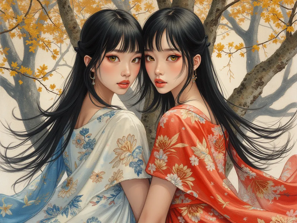 Detailed proportions and textures and multi-color with airbrushed brush strokes that presents a semi-realistic illustration in Chinese ink a gemini twins (full and slender body, with shy pose, playful look, bright yellow eyes, defined eyebrows, long eyelas...