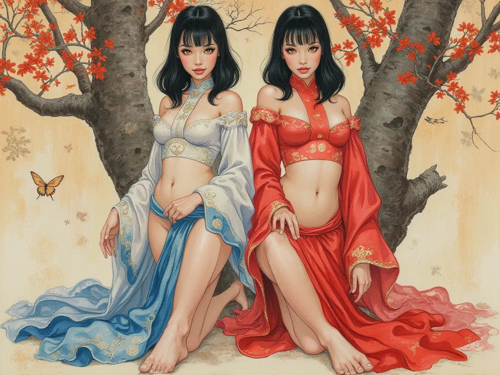 Detailed proportions and textures and multi-color with airbrushed brush strokes that presents a semi-realistic illustration in Chinese ink a gemini twins (full and slender body, with shy pose, playful look, bright yellow eyes, defined eyebrows, long eyelas...