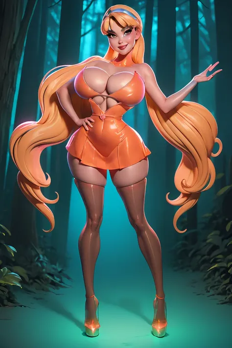 masterpiece, best quality, transparent short dress , tiro de cowboy, happy,  smile, (((big boobs))), glowing skin, Realistic, looking at the viewer,  dark forest , magic, magical nature,  Beautiful legs , thick thighs, short skirt,  strapless , full body, ...