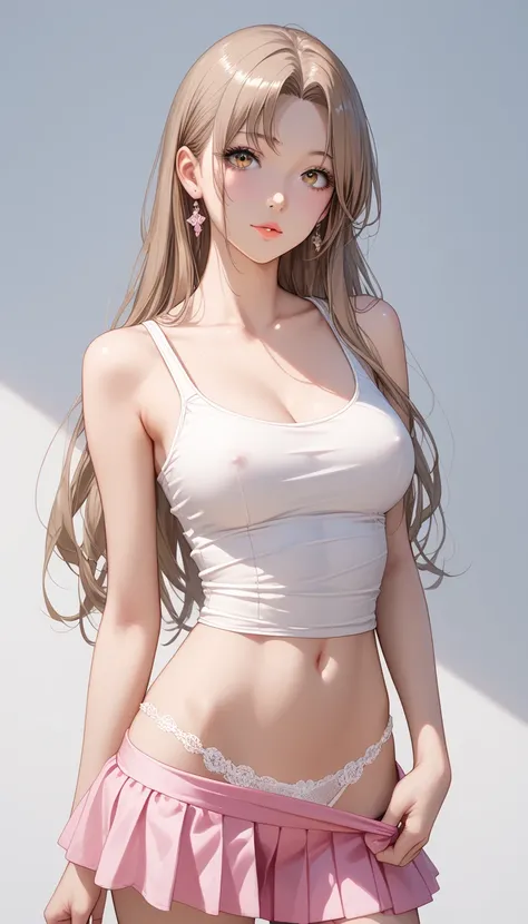 best quality, absurdres, わきDownを見せない, Down, no background, becomes transparent when you stare at it {x}, PE, front view, cowboy shot, perfect and beautiful face, Beautiful breasts,  Read more, slim, lightbrown long hair, parted bangs,  tank top, pink chiff...