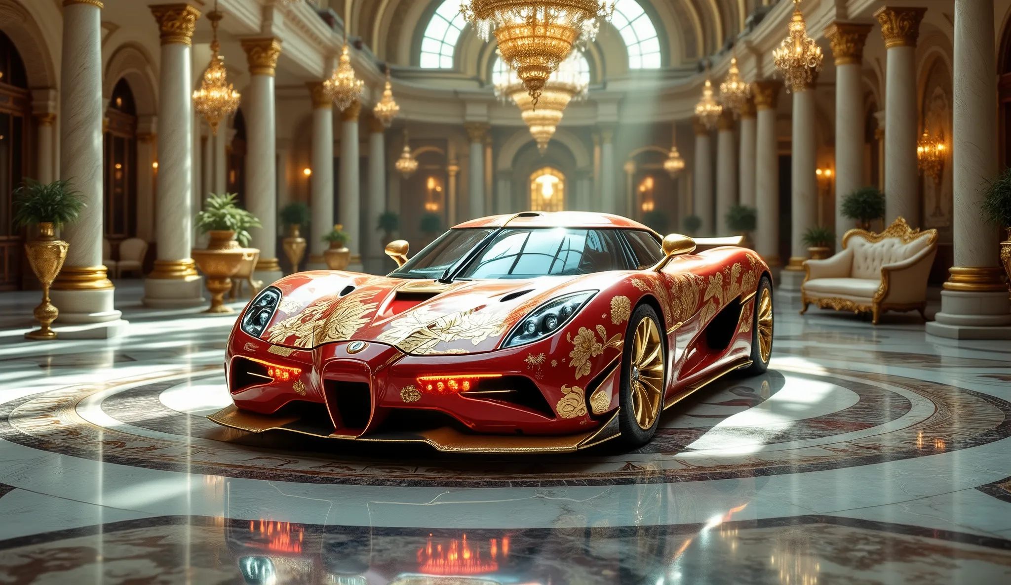 car ampunk with floral motifs applied in gold all over the car, car in red and gold with illuminated ruby radiator, Koenigsegg style, on the floor marble and shiny granite reflecting the expensive, the floor forms beautiful mosaics, the car is in a large b...