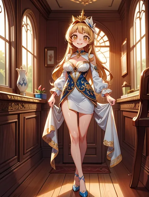 (Masterpiece, best quality) 1 girl, long hair, yellow eyes, standing indoors with intricate details and sunlight, millionarie girl, elegant and refined costume, Sweet smile, coquette, beautiful legs, pronounced breasts.