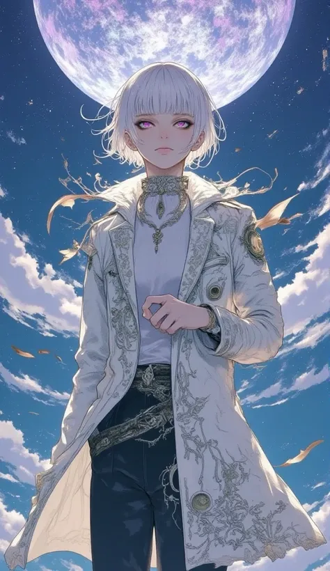 A young man stands gracefully in the moonlight, his short white hair shining under the soft glow of the full moon. His piercing purple eyes reflect both mystery and elegance, capturing the viewer's attention. He is dressed in a refined maestro's outfit, wi...