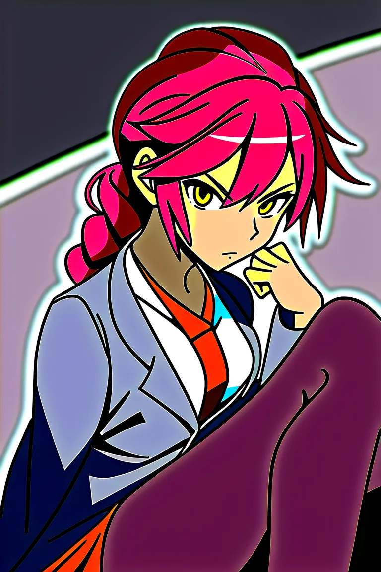  Female character , tsundere, red hair, hair with a single braid ,  brown skin tone ,  amber eyes,  white shirt with red tie, grey jacket, red skirt,  Black Long Tights.