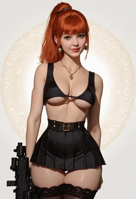 score_9, score_8_up, score_7_up,  40 years old woman,, long irridescent orange hair,, earrings, medium perky breasts , cleavage,  black sailor blouse with black and red ribbon, no underrwear, underboob,  black pleated miniskirt, thigh-high stockings, holdi...