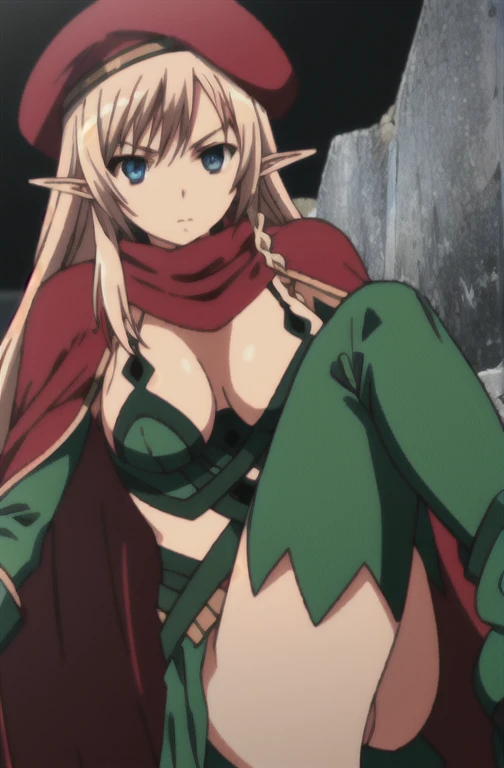 (anime screencap), (masterpiece:1.0),(best_quality:1.0),ultra high res,absurdres,ultra-detailed,looking at viewer, simple background, cowboy shot,
queen-alleyne, 1girl,elf, mature female, solo, long hair, blonde hair, blue eyes, breasts, pointy ears,green ...