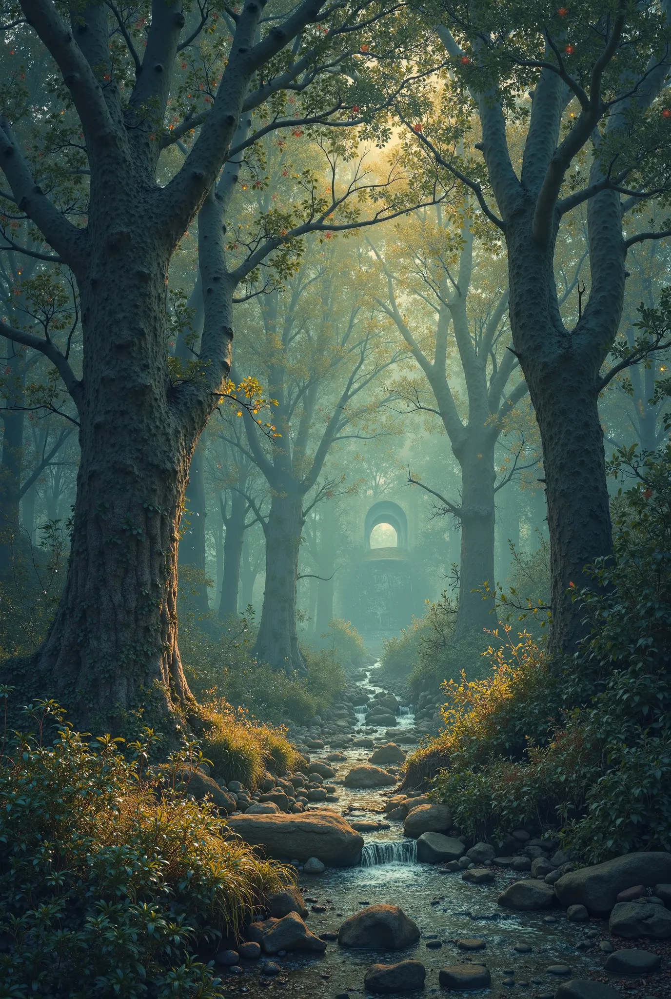 Design a mystical, vintage-style thumbnail for a lo-fi fantasy folk music track. Visualize an enchanted twilight forest with soft, ambient light filtering through ancient trees. In the foreground, subtly incorporate translucent overlays or artistic renderi...