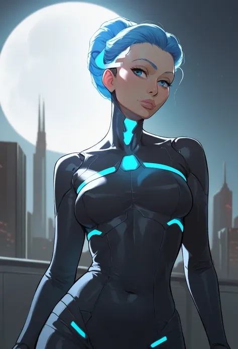 score_9, score_8_up, score_7_up, Western Comics, Cowboy Shot, cute android girl, black android, glossy black, seductive, innocent, light smile:0.3, plump lips, slender body, wearing transparent science fiction clothes, hands, breathtaking grandeur, LED int...