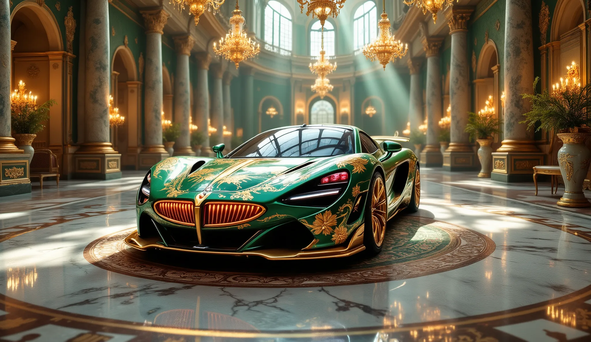 car ampunk with floral motifs applied in gold all over the car, green and gold car with illuminated ruby radiator,  McLaren style , on the floor marble and shiny granite reflecting the expensive, the floor forms beautiful mosaics, the car is in a large bur...