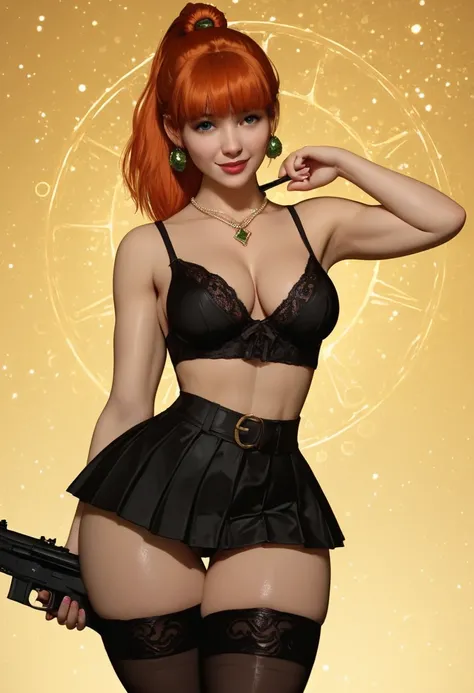 score_9, score_8_up, score_7_up,  40 years old woman,, long irridescent orange hair,, earrings, medium perky breasts , cleavage,  black sailor blouse with black and red ribbon, no underrwear,  black pleated miniskirt, thigh-high stockings, holding an assau...