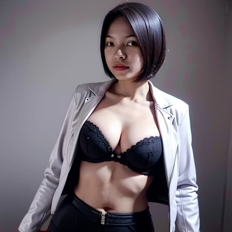 (Colored images ),  Realistic photo of beautiful asian 、 Slim Belly , (B Cup Haircut Highlights:1.2), medium breast, round shaped breasts,   perfect shape breasts  ,(( Black fabric bra )),((wearing biker jacket and biker suit, deep neckline)),  As she conf...