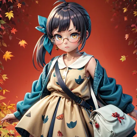 fujinamiautumnKC, 1girl, solo, long hair, long sleeves, dress, ribbon, jacket, hair ribbon, ahoge, glasses, bag, side ponytail, bespectacled, asymmetrical bangs