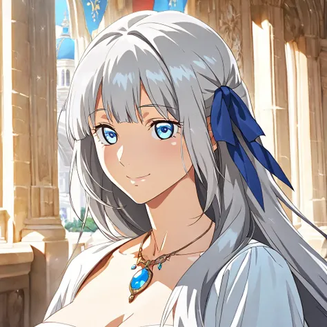 1female, milf, cute, anime style,  silver hair, very long hair, blue eye, hair ribbon, blue ribbon, necklace with blue gem, white dress,  best quality, newest, (((detailed beautiful face and eyes))), (((beautiful artwork))), extremely detailed CG, 8k,  nat...