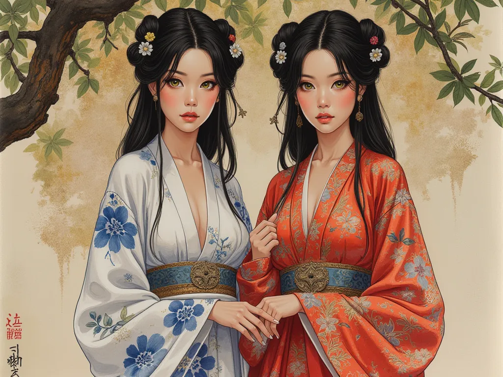 Detailed proportions and textures and multi-color with airbrushed brush strokes that presents a semi-realistic illustration in Chinese ink a gemini twins (full and slender body, with shy pose, playful look, bright yellow eyes, defined eyebrows, long eyelas...