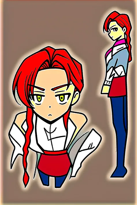  Female character , tsundere, red hair, hair with a single braid ,  brown skin tone ,  amber eyes,  white shirt with red tie, grey jacket, red skirt,  Black Long Tights.