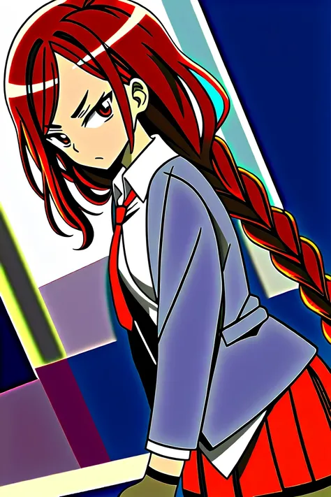  Female character , tsundere, red hair, hair with a single braid ,  brown skin tone ,  amber eyes,  white shirt with red tie, grey jacket, red skirt,  Black Long Tights.