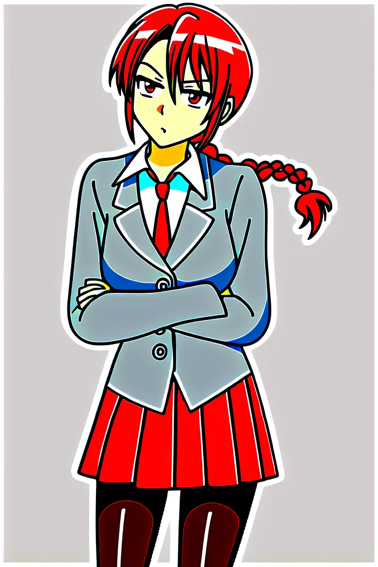  Female character , tsundere, red hair, hair with a single braid ,  brown skin tone ,  amber eyes,  white shirt with red tie, grey jacket, red skirt,  Black Long Tights.