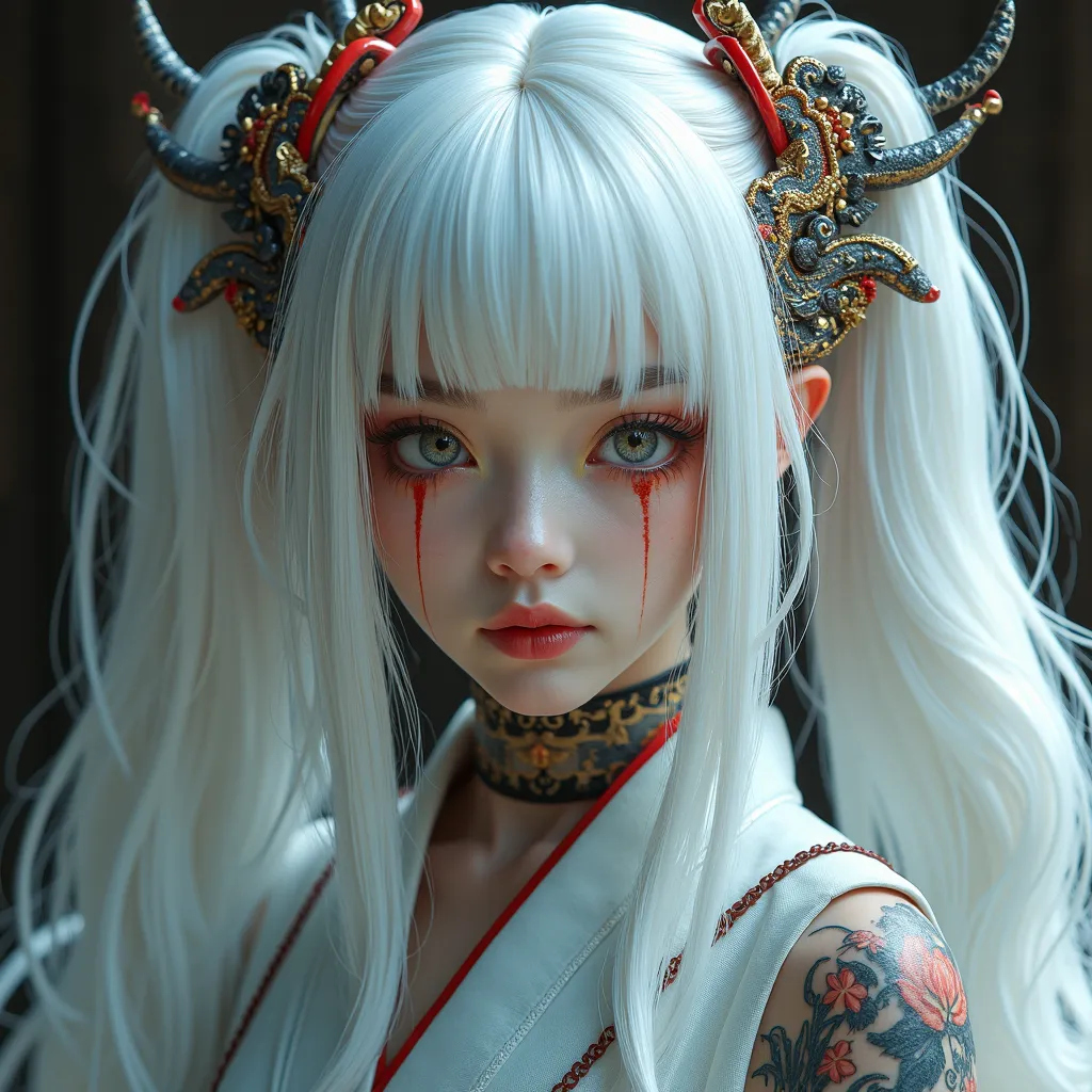  Super High Definition,Greatest Masterpiece,16k,very detailed sleeveless hakama,Japanese style, extremely detailed hair,cool vibe,Highly detailed faces,18 years old,bright white hair all over, extremely detailed hair飾り,very complicated hair ornament,Heavy ...