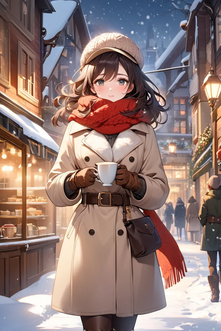 She walks down a quiet street covered in snow, wrapped in a coat long in beige wool with knitted details and a belt that marks your waist. The coat is complemented by a thick red wool scarf, wrapped carefully around the neck, and brown leather gloves that ...