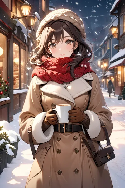 She walks down a quiet street covered in snow, wrapped in a coat long in beige wool with knitted details and a belt that marks your waist. The coat is complemented by a thick red wool scarf, wrapped carefully around the neck, and brown leather gloves that ...