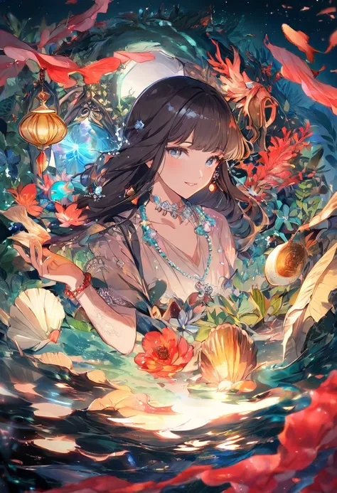 Female anime character, A young woman with tanned skin and long dark hair that mixes with algae. His eyes are a deep green, like deep waters. A necklace of shark teeth and a red coral bracelet. in her hair, aquatic flowers that never wilt. He is not wearin...