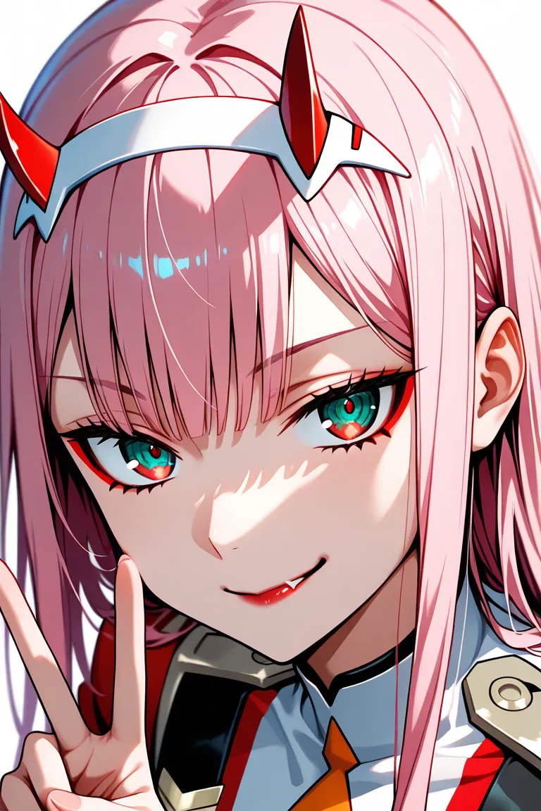 masterpiece, best quality, amazing quality, very aesthetic, absurdres, newest, scenery, highly detailed, high-resolution, close-up portrait, female, woman, Zero Two, Darling in the Franxx, long pink hair, straight hair, piercing red eyes, fair skin, glossy...