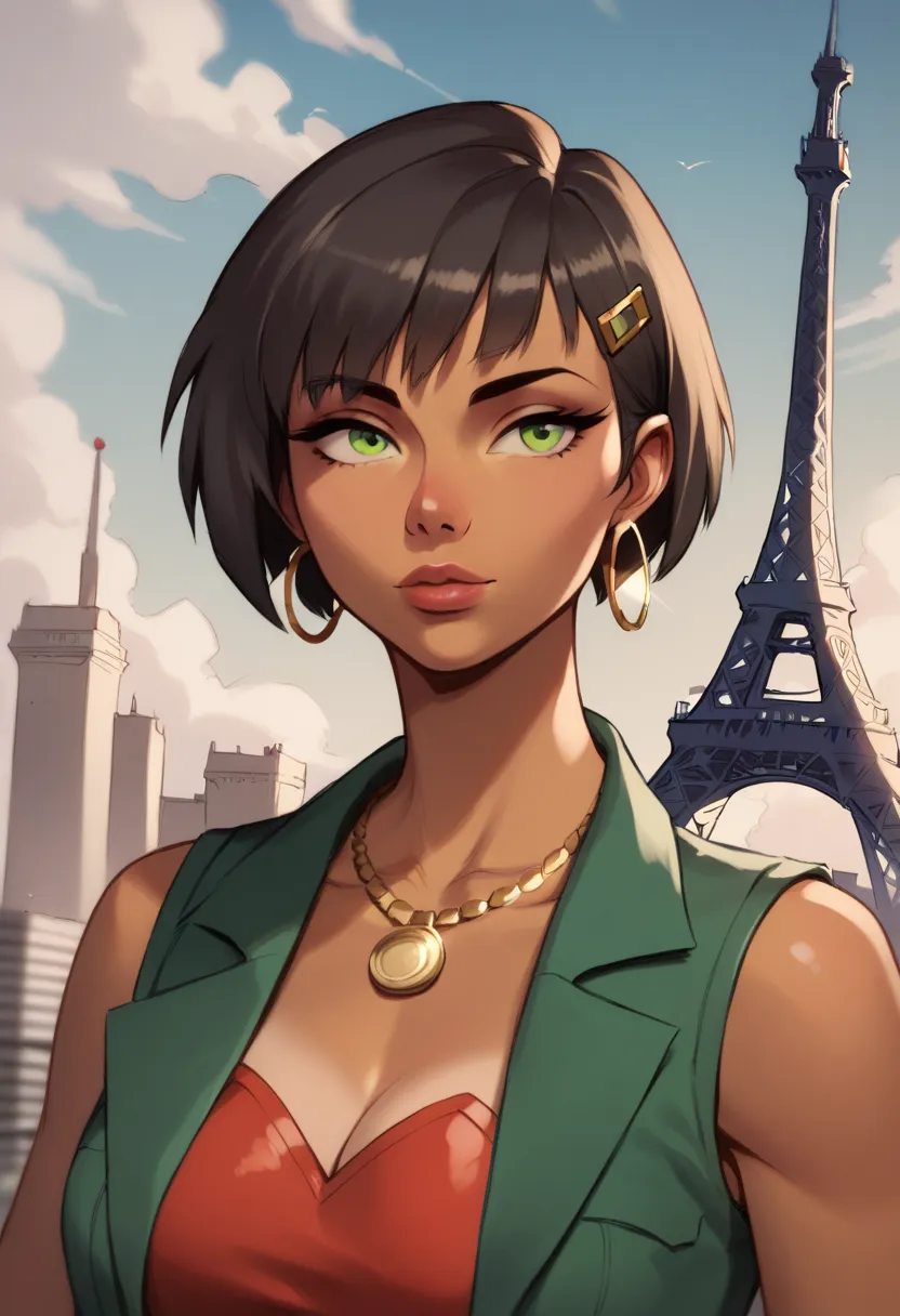 score_9, score_8_up, score_7_up, Western Comics, Portrait, Nadia la Arwall, cute, seductive, innocent, light smile:0.3, plump lips, slender body, black hair, bob cut, caramel tan skin, green eyes, gold necklace, strapless red vest, gold hoop earrings, two ...