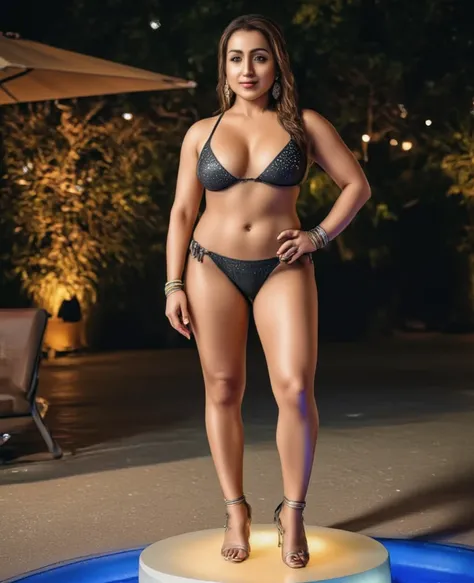 
A stunning model captured her side view, standing confidently on a glowing platform in a patio, she is 50-year-old Indian woman((milf)) with brown skin with face wrinkles, standing in a confident and elegant pose, perfect hand. She has a hourglass figure ...