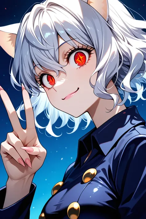 masterpiece, best quality, amazing quality, very aesthetic, absurdres, newest, scenery, highly detailed, high-resolution, close-up portrait, female, woman, Neferpitou, Hunter x Hunter, white hair, curly hair, red cat-like eyes, blue pupils, fair skin, glos...