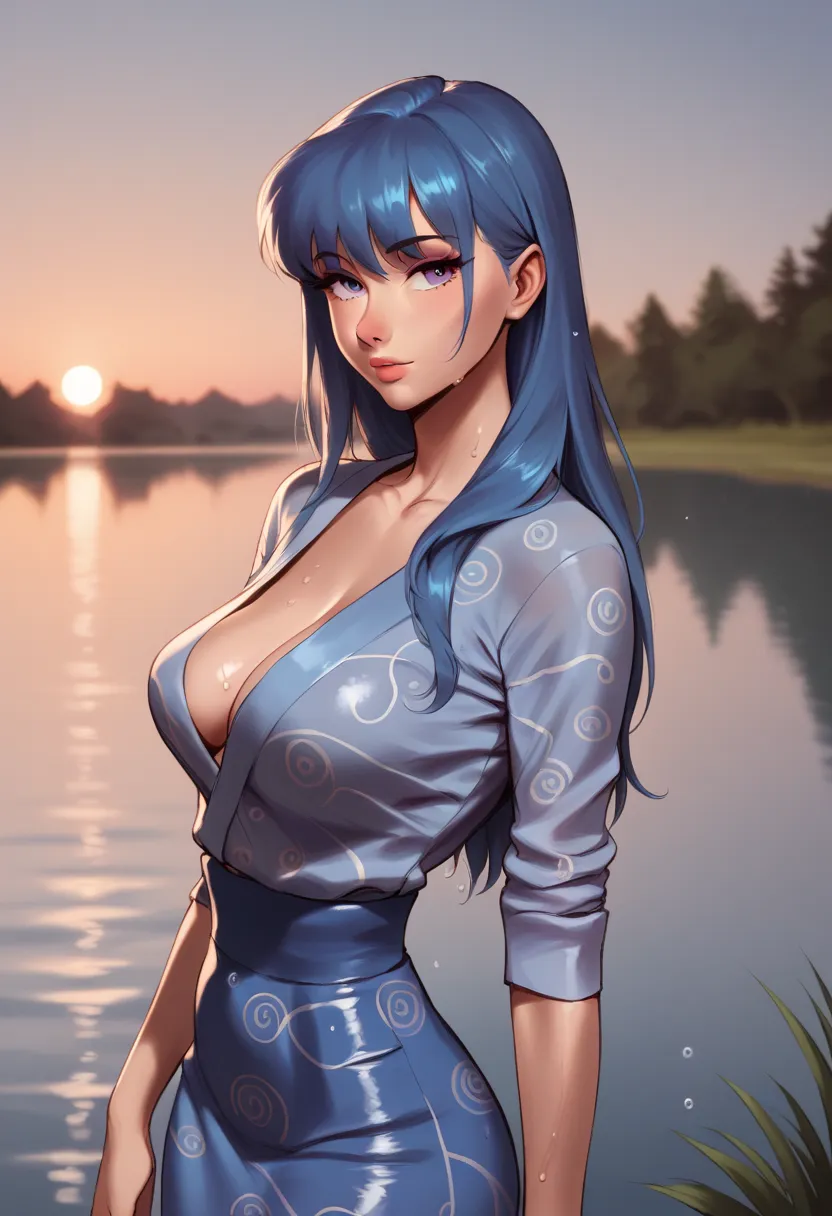 score_9, score_8_up, score_7_up, Western Comics, Portrait, girl, cute, seductive, innocent, light smile:0.3, plump lips, slender body, floating blue hair, long hair, water:0.7, waterdrop, wet, high detailed blue kimono texture, intricate pattern, ultra det...