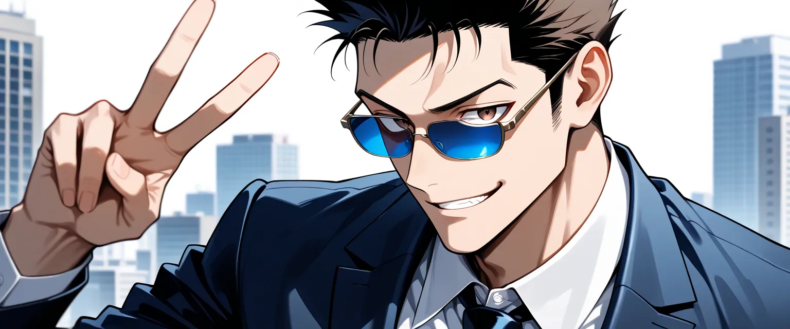 masterpiece, best quality, amazing quality, very aesthetic, absurdres, newest, scenery, highly detailed, high-resolution, close-up portrait, male, man, Leorio Paradinight, Hunter x Hunter, short dark hair, blue sunglasses, sharp brown eyes, tan skin, gloss...