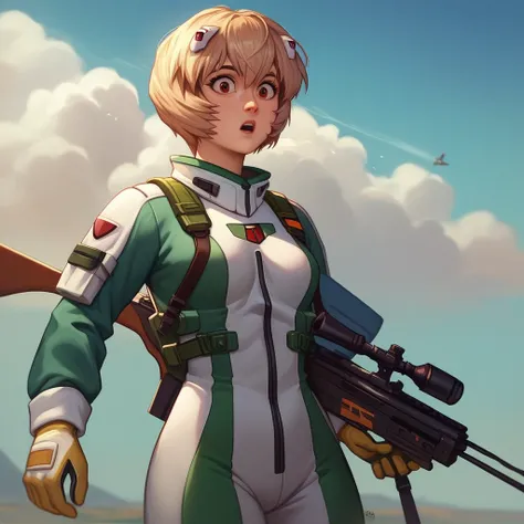 score_9, score_8_arriba, score_7_arriba,   source  _  Anime Break 1 Girl , Alone , Ayanami Rei,  surprised , cowboy shot, pilot's uniform, So positron rifle, battle ready,