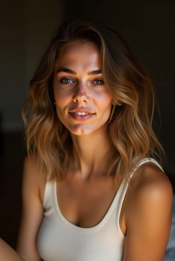 A woman, wavy, light brown hair, seated, looking directly at the camera. Her skin is light, with painted freckles and a subtle highlight on her cheekbones, giving a sun-kissed appearance. She's wearing a basic white tank top. The lighting is warm and diffu...