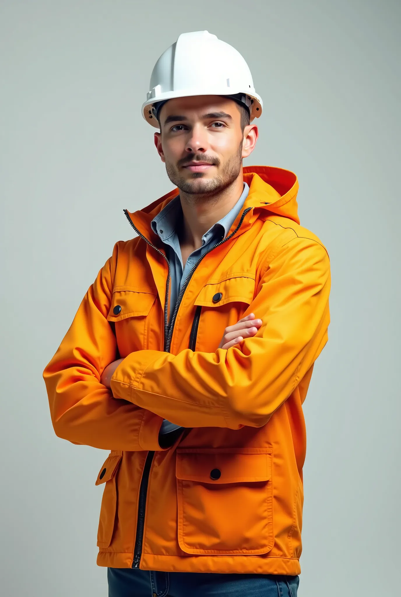  Engineer in a white construction helmet, wearing a summer engineering jacket,  stands at full height, About 20 years old ,  European appearance,  arms crossed on the chest ,  expressive face,  A light smile, shaved face ,  logo transparent background, pre...