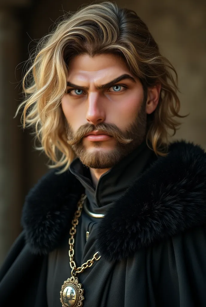 Make a human man of 20 years of age, with very manly facial traits that look like a greek version of Nikolaj Coster Waldau, he should wear noble medieval clothes in the black color, contrasting with his green eyes and blonde, golden hair