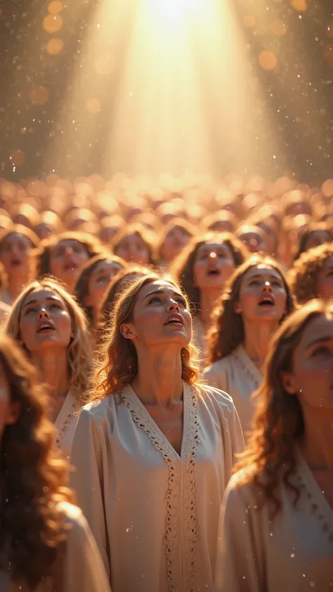  Hyper-Realism, rendered in OctaneRender in 8K, with cinematic lighting and ultra-refined details. The scene captures a majestic choir of people singing with deep emotion, their faces radiating love and devotion as they look up to the sky. Each expression ...