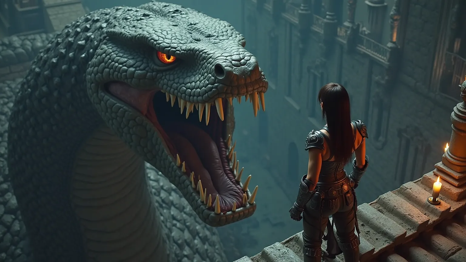 A top down professional photographer style shot of a woman on the right in a fighting stance with a muscular physique, standing on a roof edge in front of a massive serpent’s mouth. Dressed in sexy paladin armor, brown skin, hazel eyes, straight hime cut w...